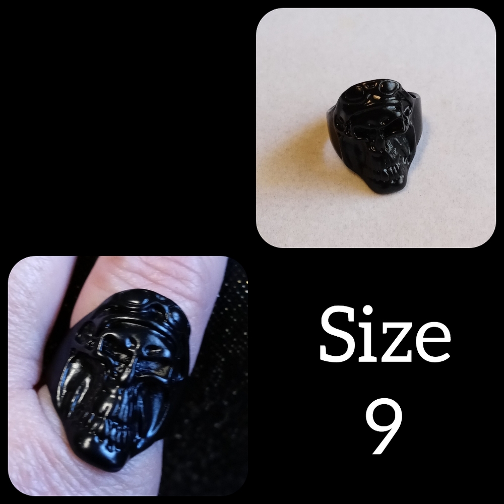 Black Plated Long Face Skull Ring Size 9